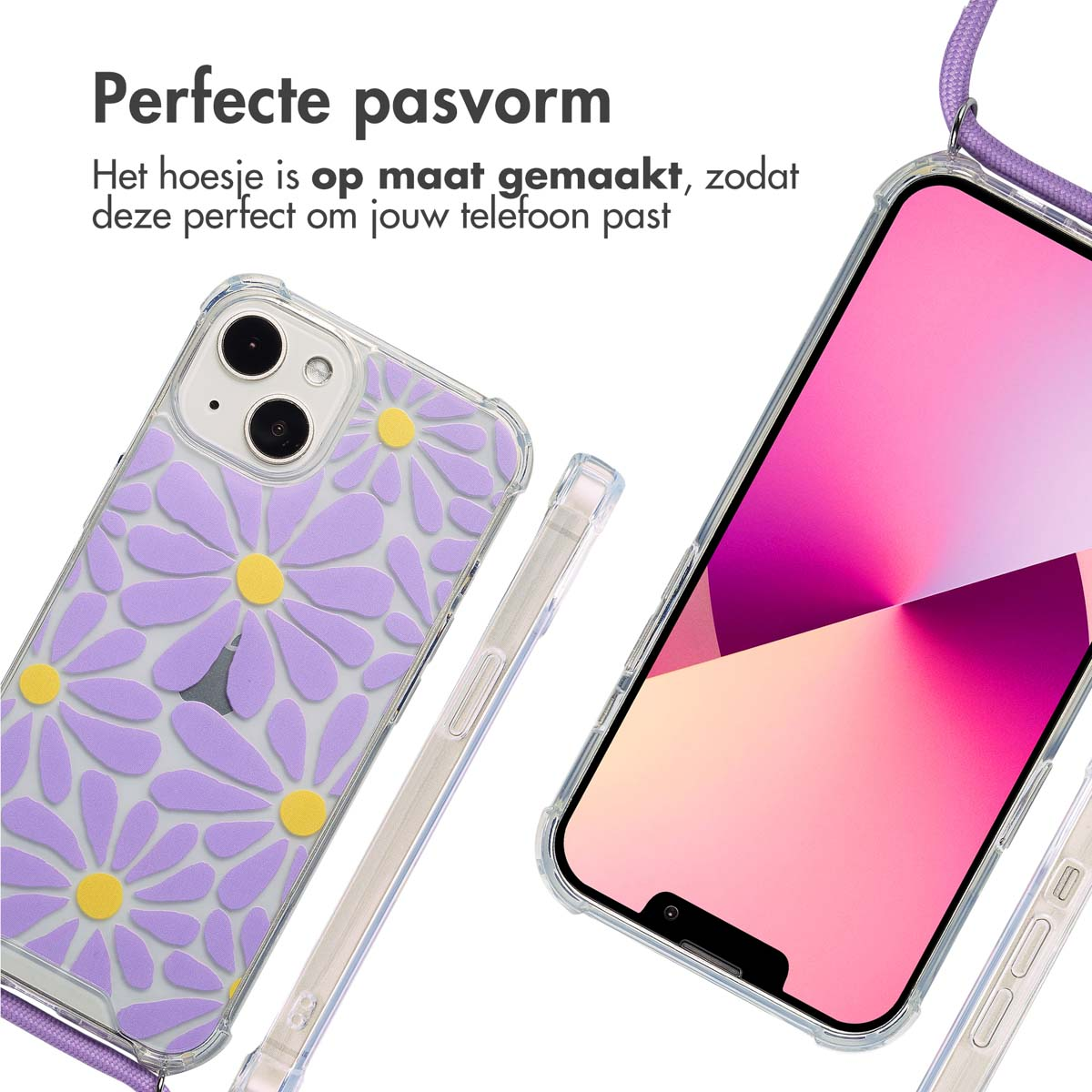 Un téléphone avec une coque de marguerite, à côté d'un autre téléphone. Le texte dit, Ajustement parfait. Sangle attachée.