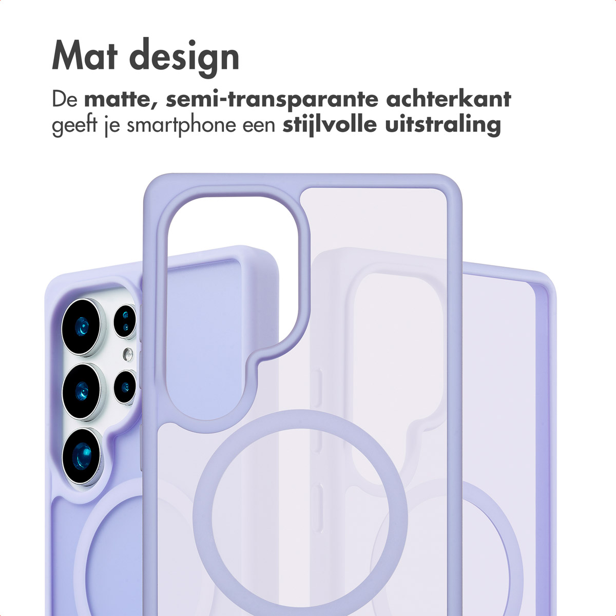 Une coque de téléphone avec un cadre violet et un cercle, avec un téléphone à l'intérieur.