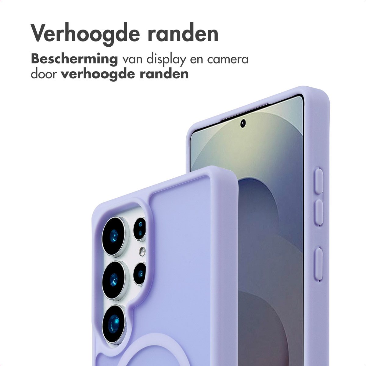 Une coque de téléphone avec un cadre violet, avec un téléphone à l'intérieur.