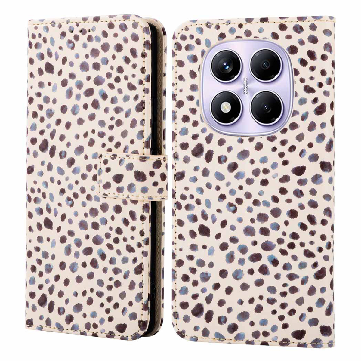 Custodia con stampa leopardata, aperta. Mostra le lenti della fotocamera del telefono. Sfondo beige.