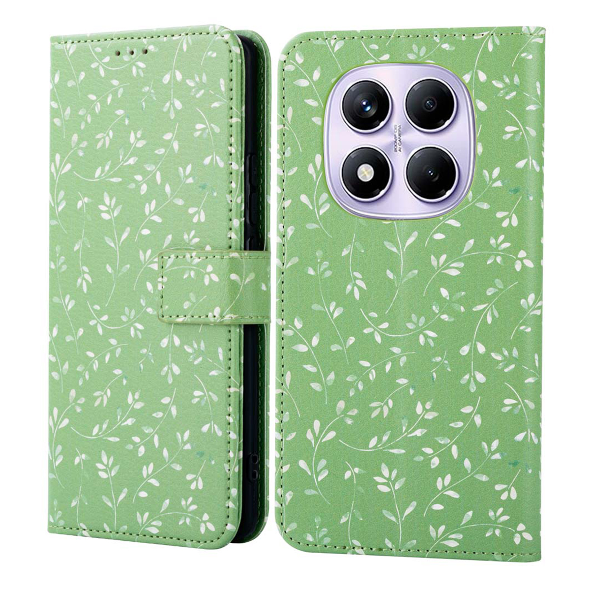 Groene hoes met witte bladeren en een telefoon. De hoes is open.