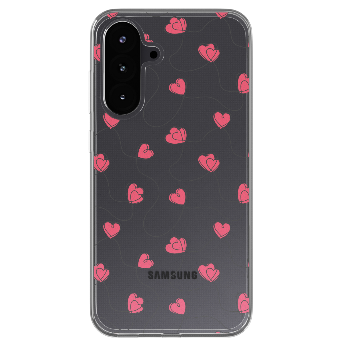 Transparante telefoonhoes met roze hartjesontwerp. Samsung-logo is zichtbaar.
