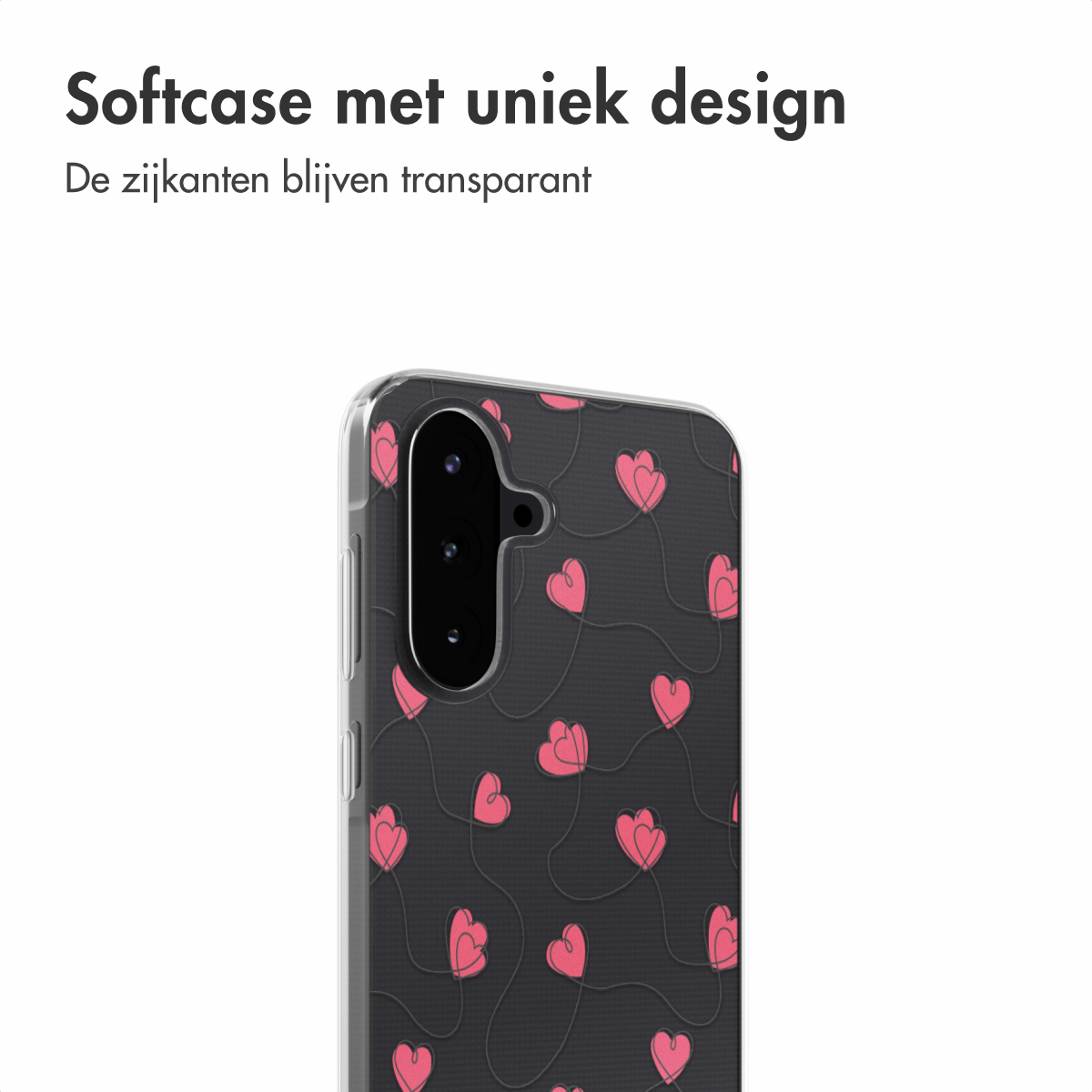 Transparante telefoonhoes met roze hartjes op zwarte achtergrond.