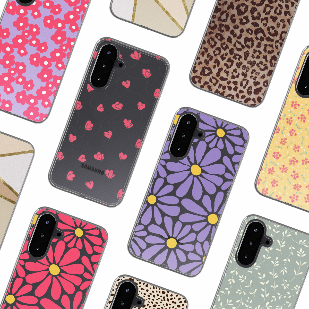 Assortiment telefoonhoesjes. Verschillende ontwerpen, waaronder bloemen, dierenprint en geometrisch.