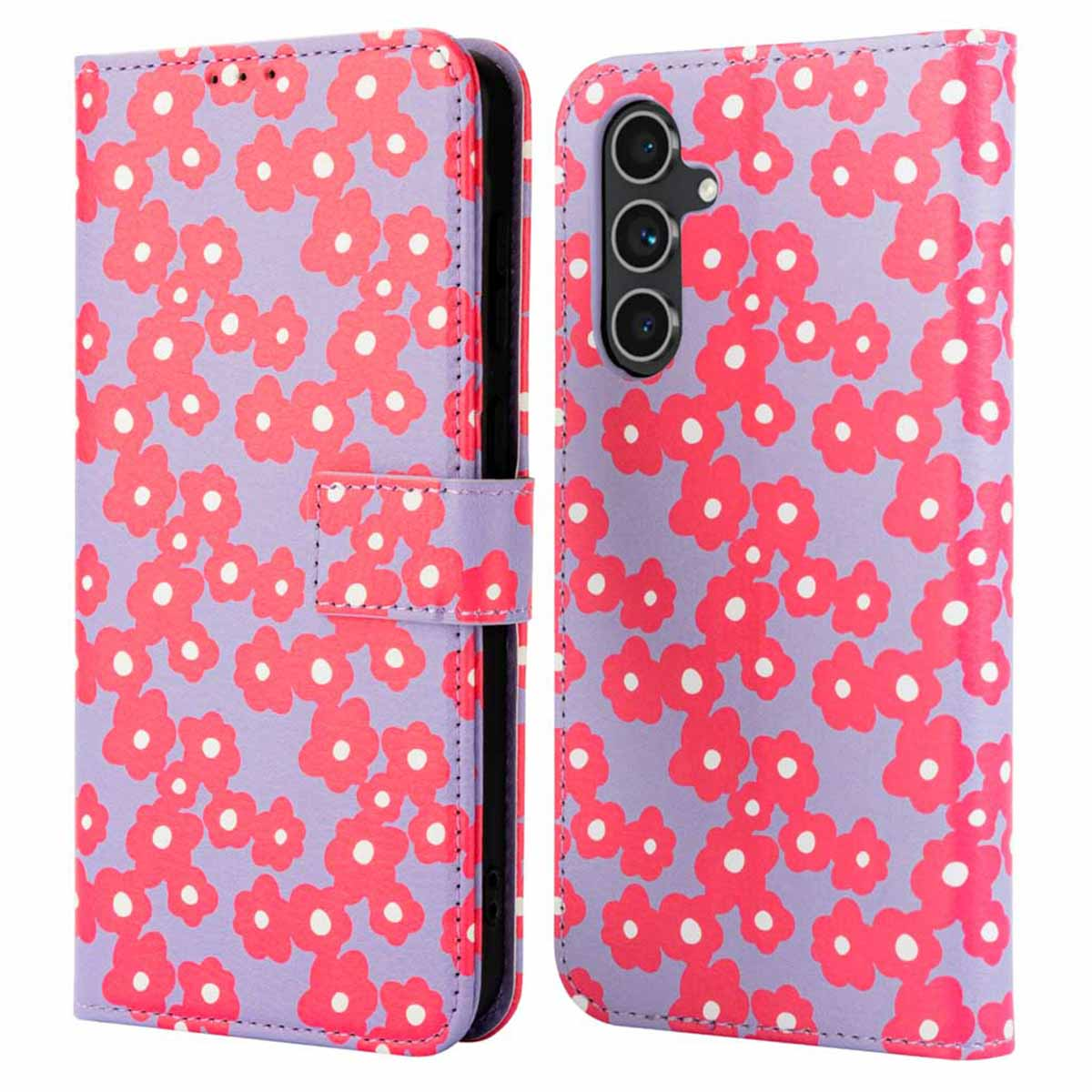 Open telefoonhoes met een paarse achtergrond en rood bloemenpatroon.