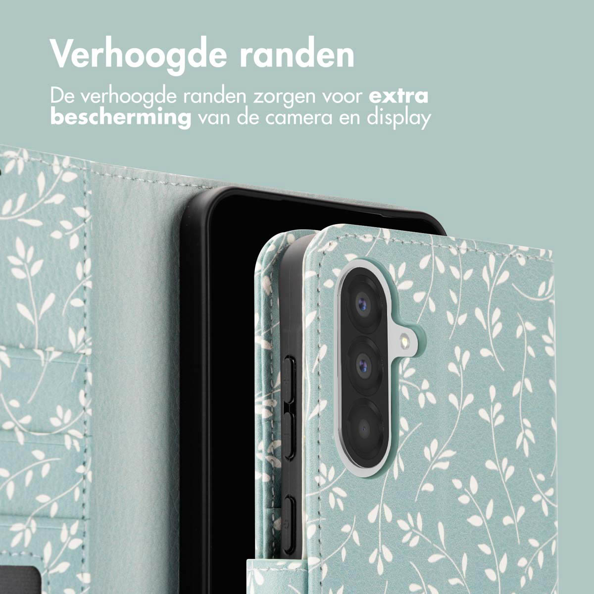 Telefoonhoesje met stippen en telefoon. De hoes is open. Camera zichtbaar.