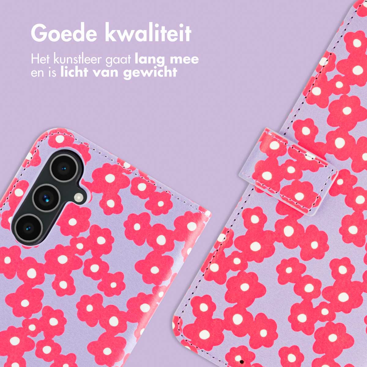 Open telefoonhoes met rood bloemenpatroon op een paarse achtergrond.