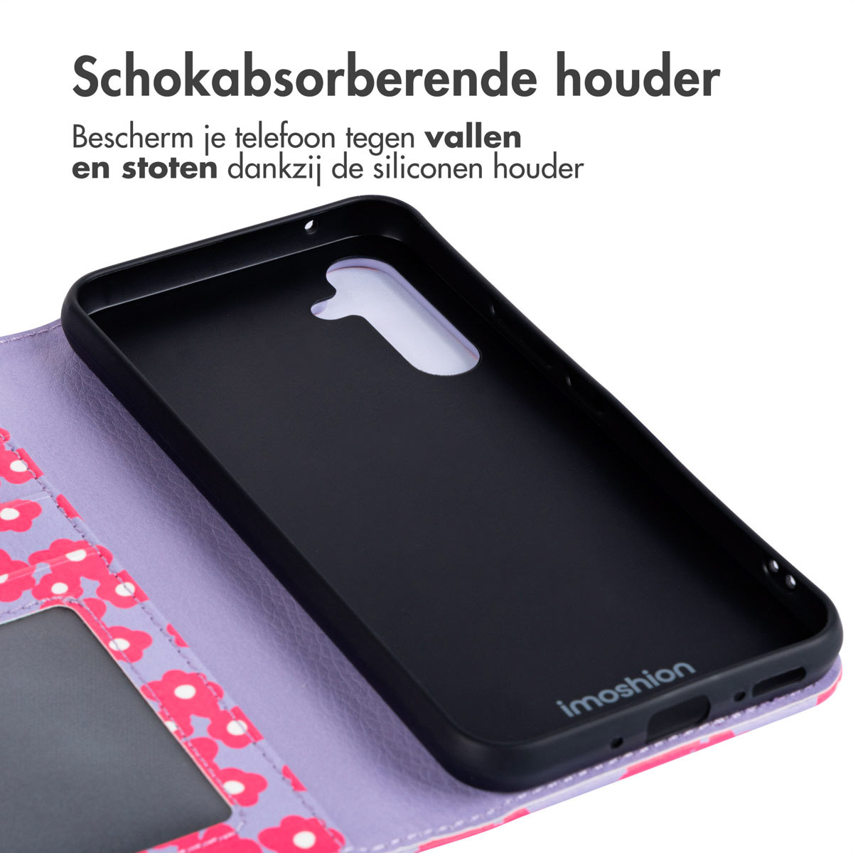 Telefoonhoesje met stippen en een telefoon. De hoes is open, binnenkant.