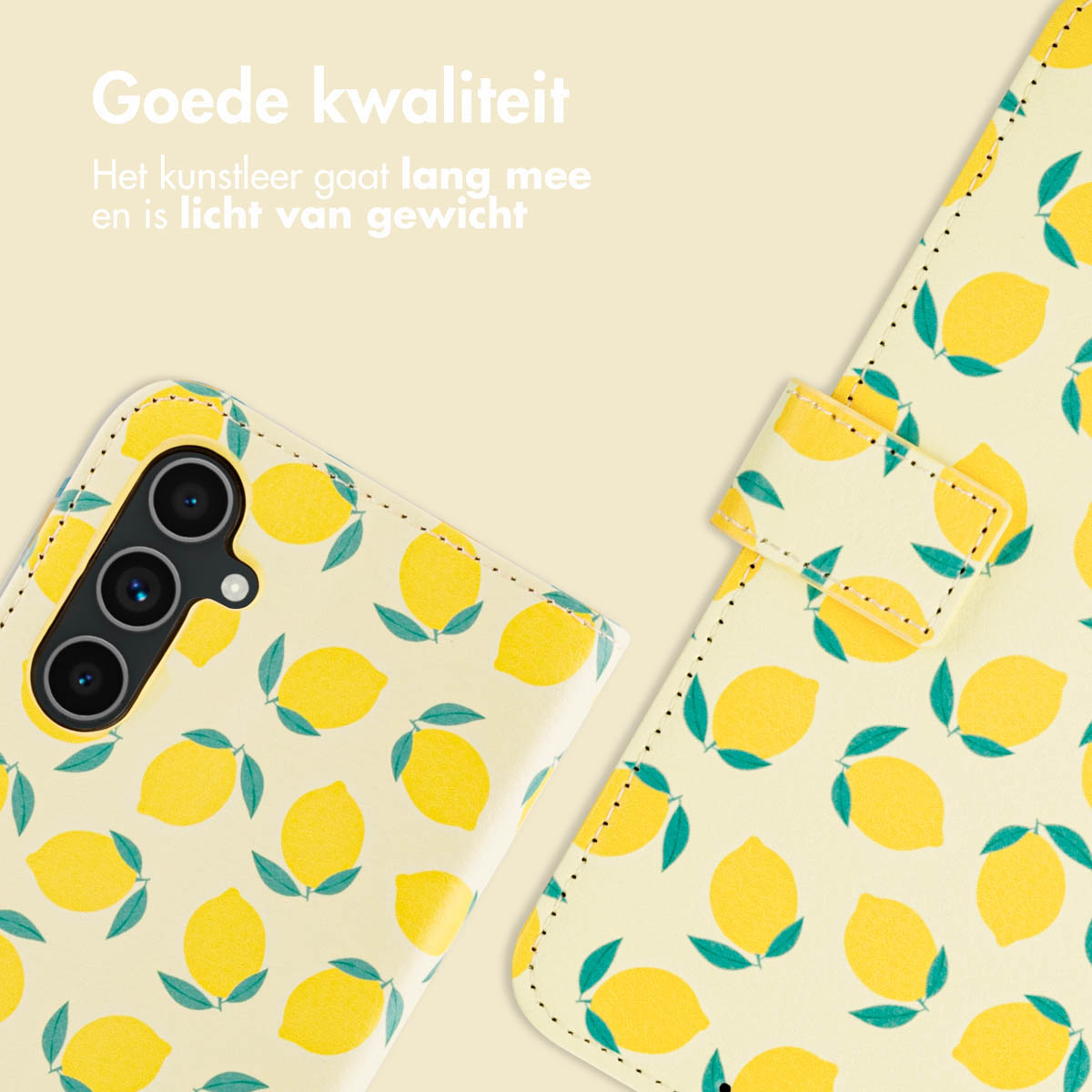 Open telefoonhoes met geel citroenpatroon en gele achtergrond.
