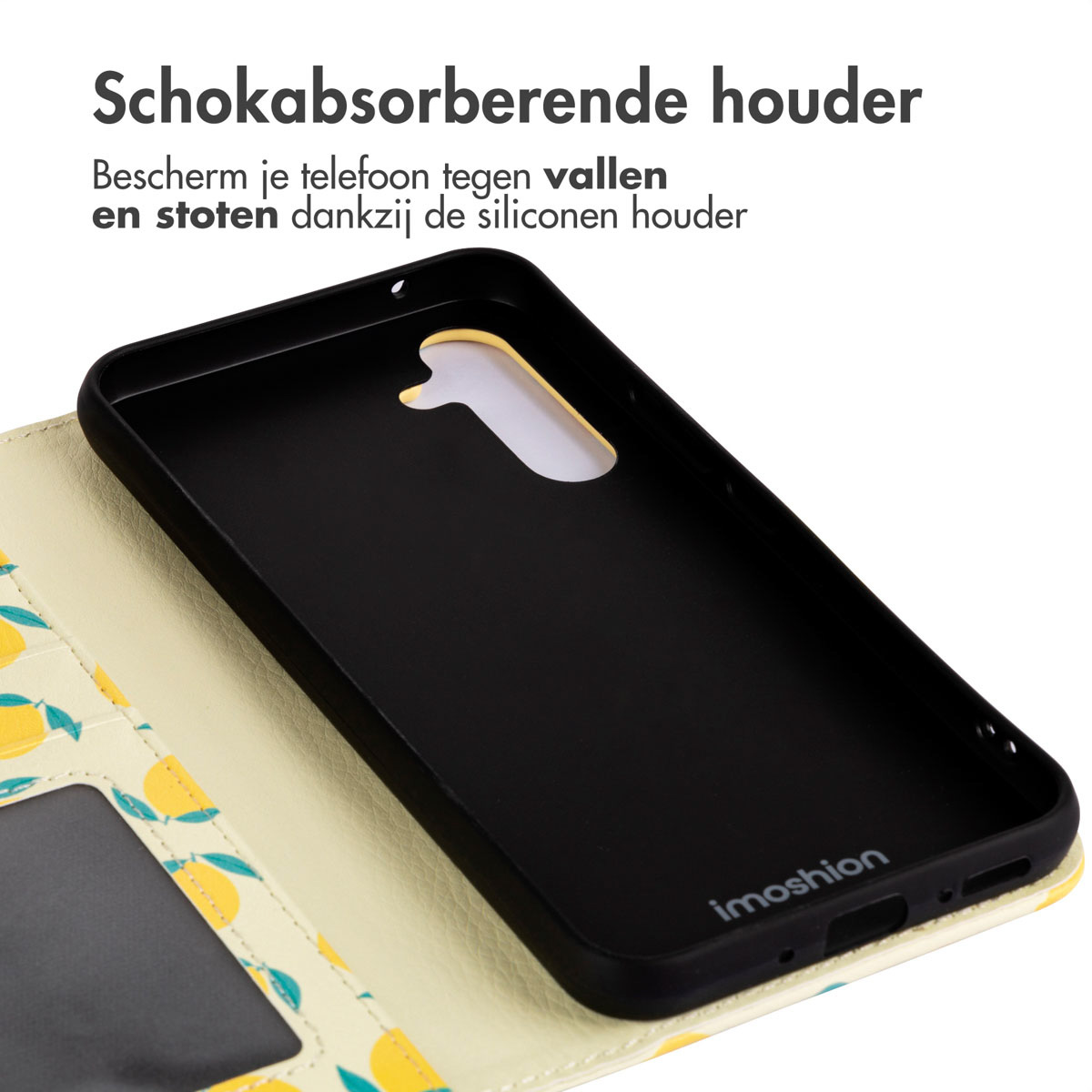 Zwarte telefoonhoes, open, met een kaarthouder met citroenpatroon en zwart interieur.