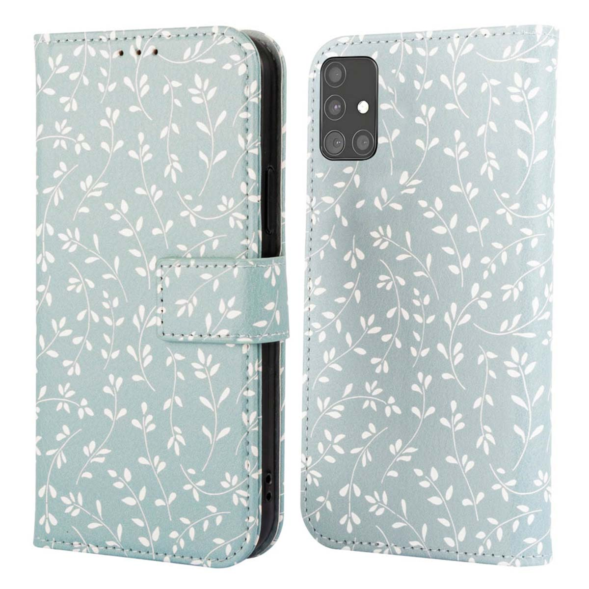 Blauw en wit bladerpatroon telefoonhoesje, open. Witte tekst en design.