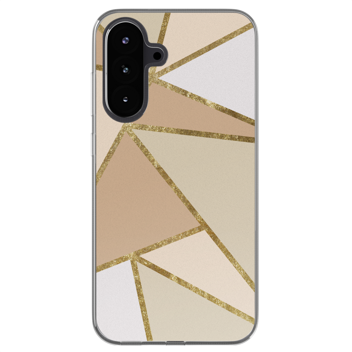 Telefoonhoes met geometrisch patroon in beige, bruin en goud. Gouden lijnen. Telefoon rechts.
