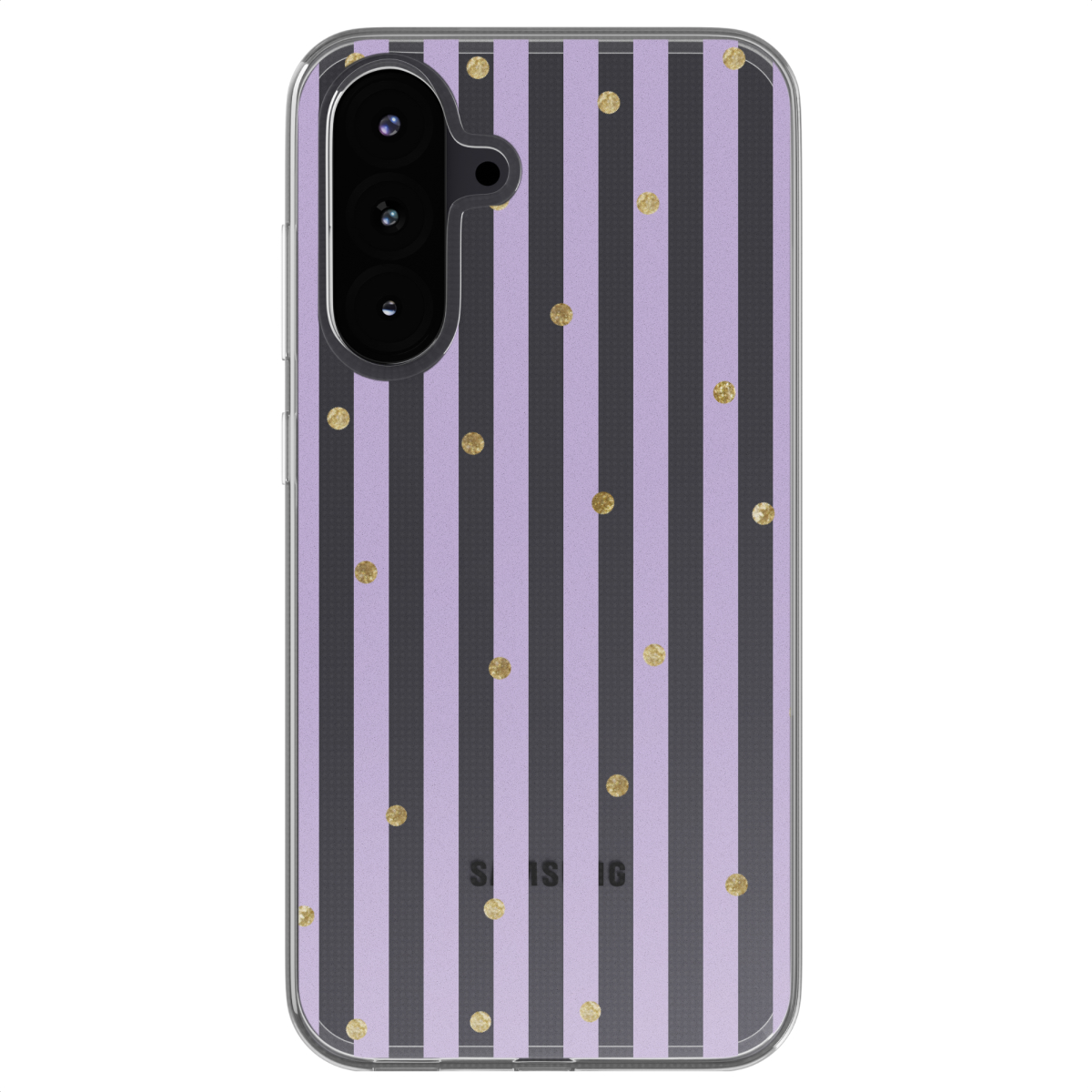 Telefoonhoes met paarse strepen en gouden stippen op een transparante achtergrond.