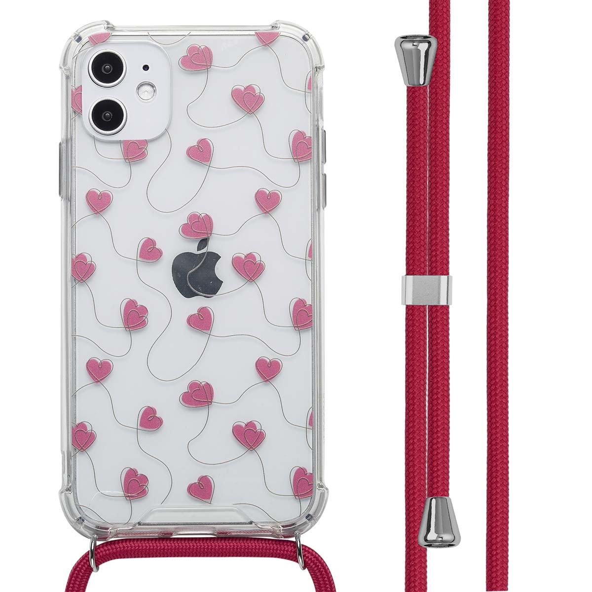 Transparante telefoonhoes met roze hartjesontwerp en een rood koord. Apple-logo is zichtbaar.