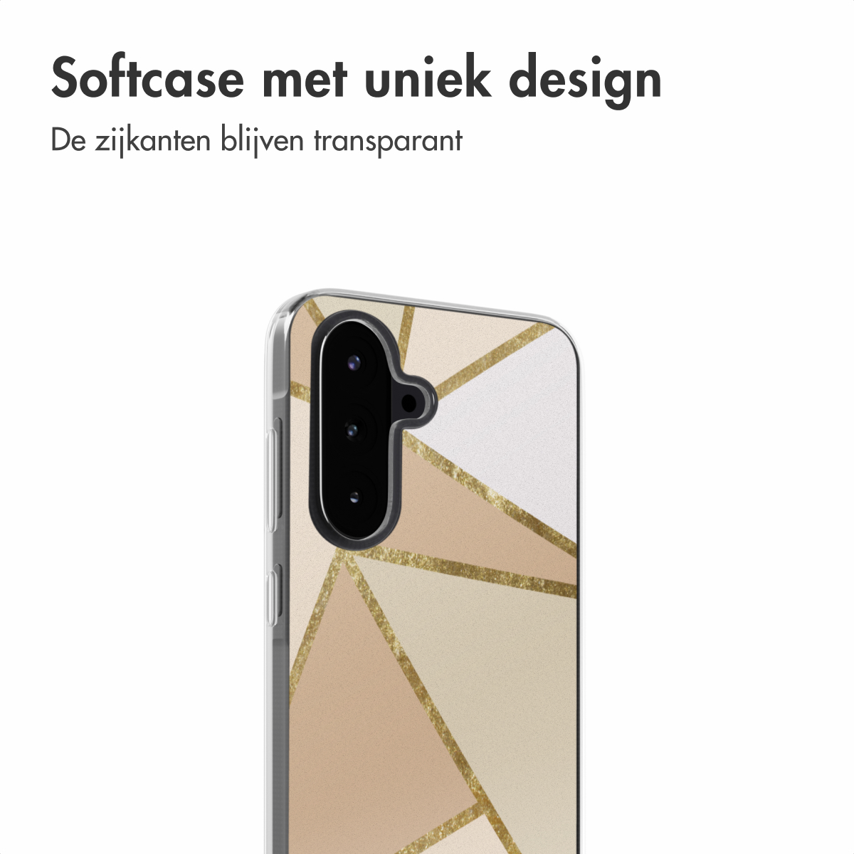 Transparante telefoonhoes met beige en gouden geometrisch ontwerp op zwarte achtergrond.