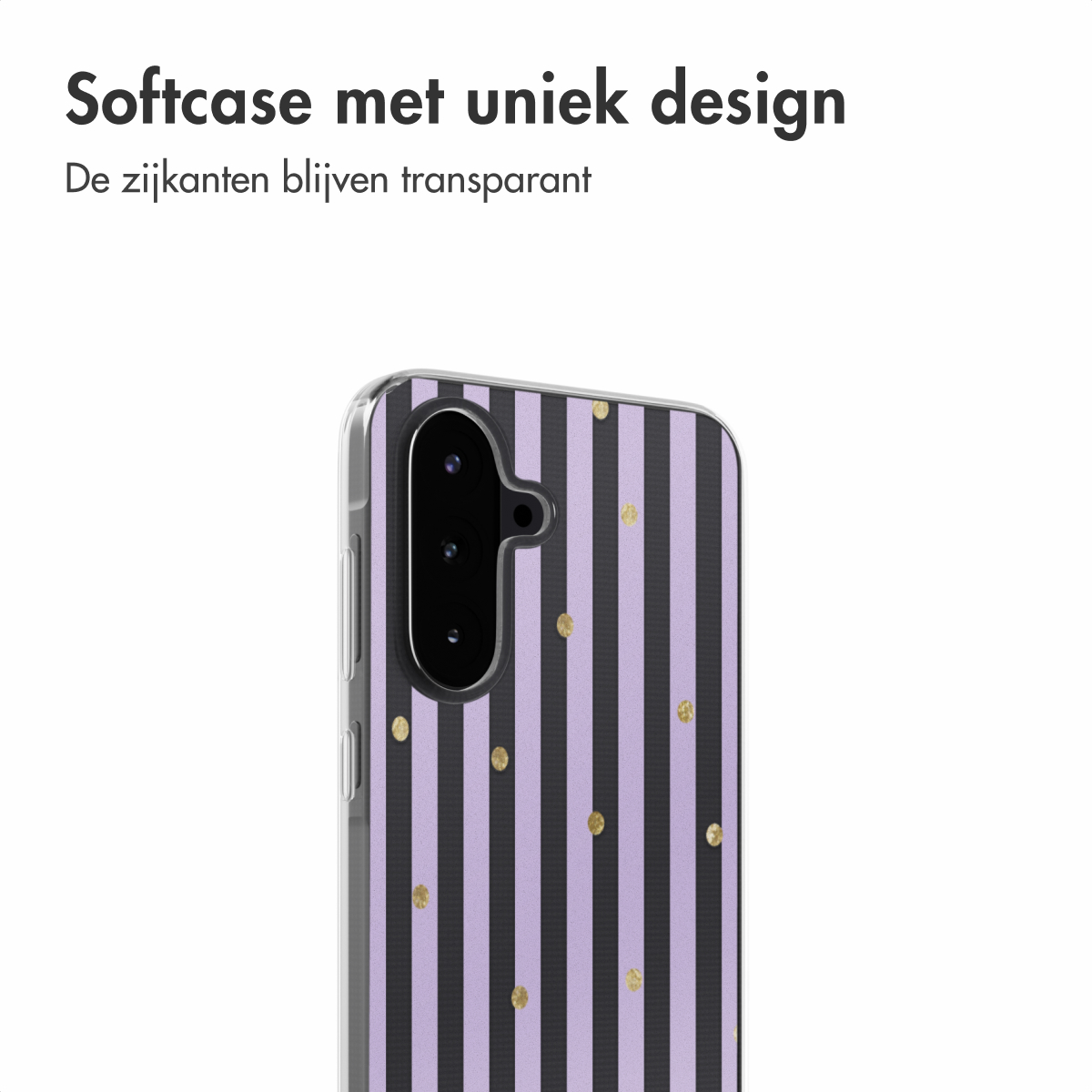 Telefoonhoes met paarse strepen en gouden stippen op een transparante achtergrond.