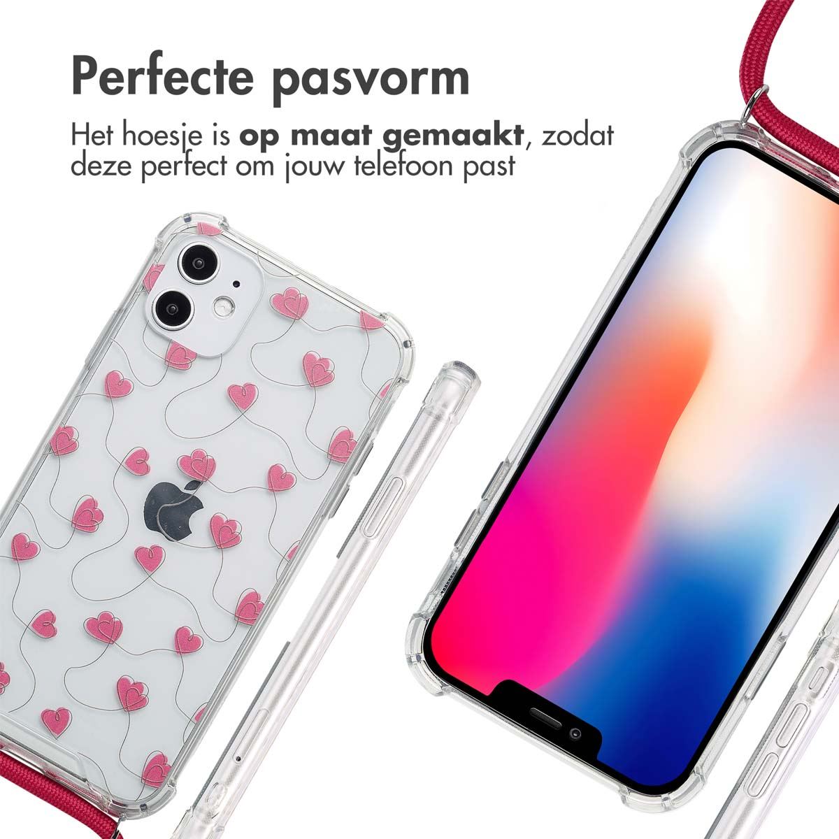 Telefoon met doorzichtige hoes, harten design. Telefoon met rood koord.