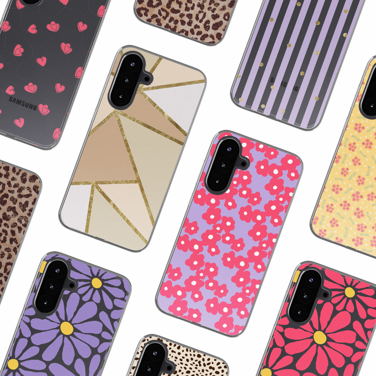 Collectie telefoonhoesjes met diverse patronen: harten, strepen, bloemen en dierenprints.
