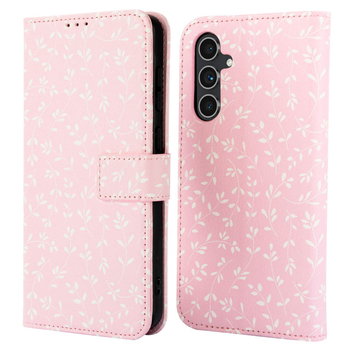 Roze telefoonhoes met wit bloemenpatroon, open, met de telefoon erin, op een witte achtergrond.