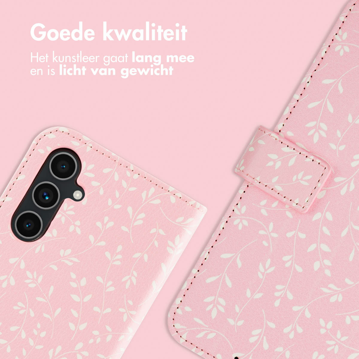 Close-up van een roze telefoonhoes met wit bloemenpatroon, open, met de telefoon erin.