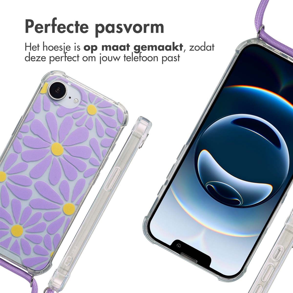 Téléphone avec coque marguerite et sangle. Un autre téléphone montre le design de la coque.