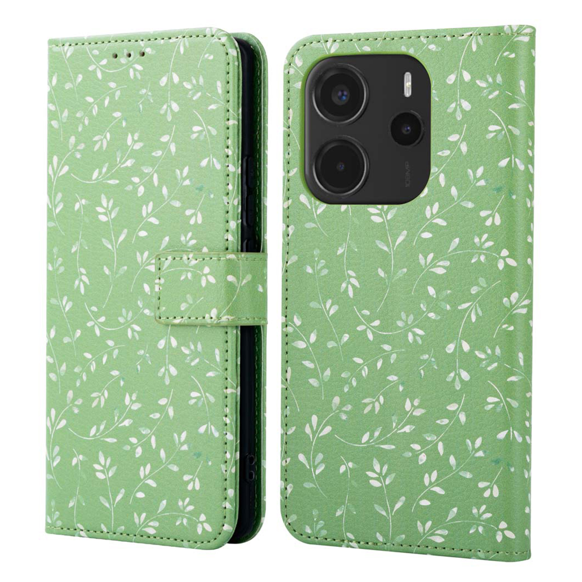 Custodia verde per telefono con motivo a foglie bianche, aperta e chiusa.
