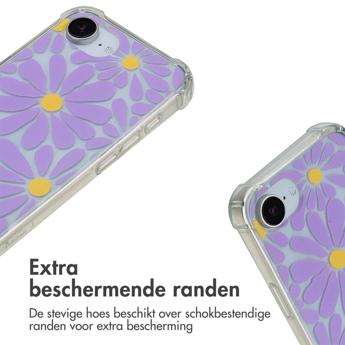 Deux téléphones avec des coques marguerites. L'un montre les détails du design. Fond blanc.
