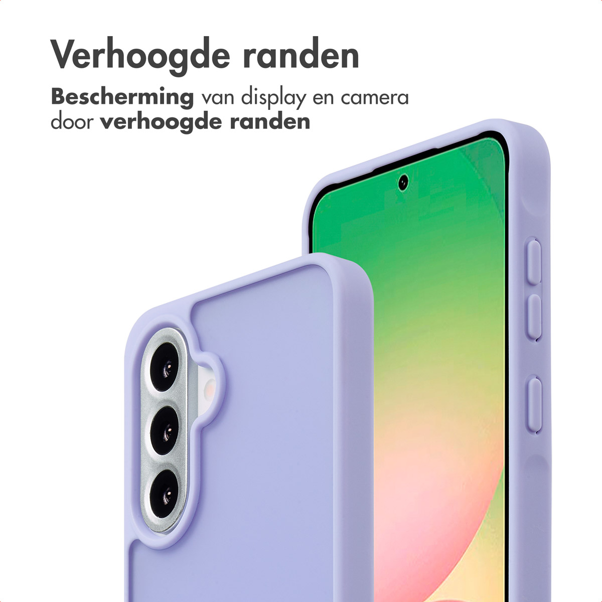Une coque de téléphone et un téléphone. La coque est lilas et l'écran du téléphone est visible. Le téléphone est violet.