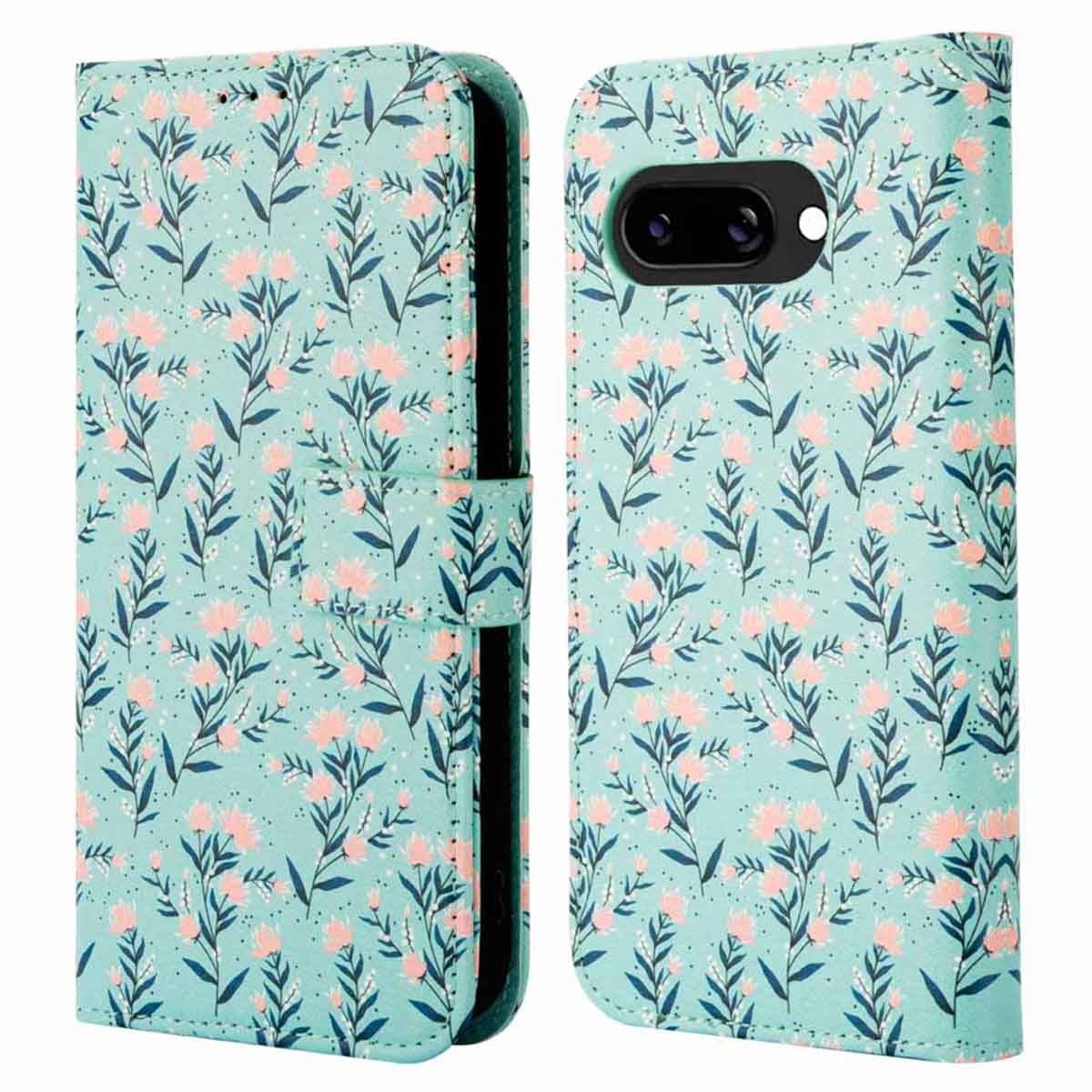 Groene bloemen telefoonhoes met een zwarte telefoon.