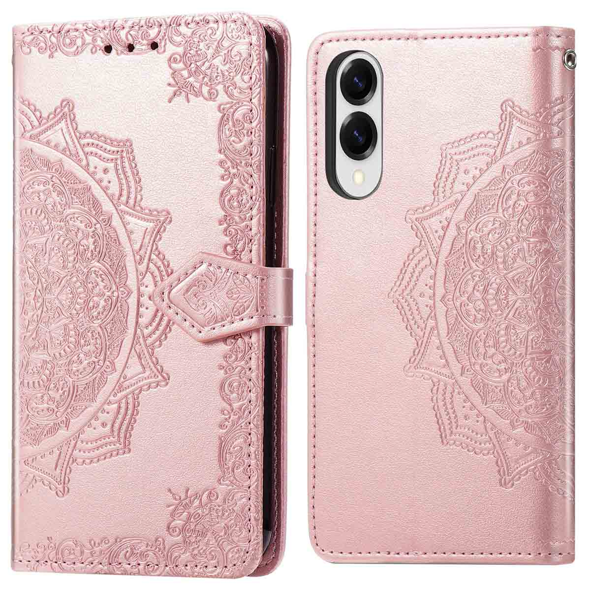 Roze telefoonportemonnee met mandala-ontwerp en sluiting.