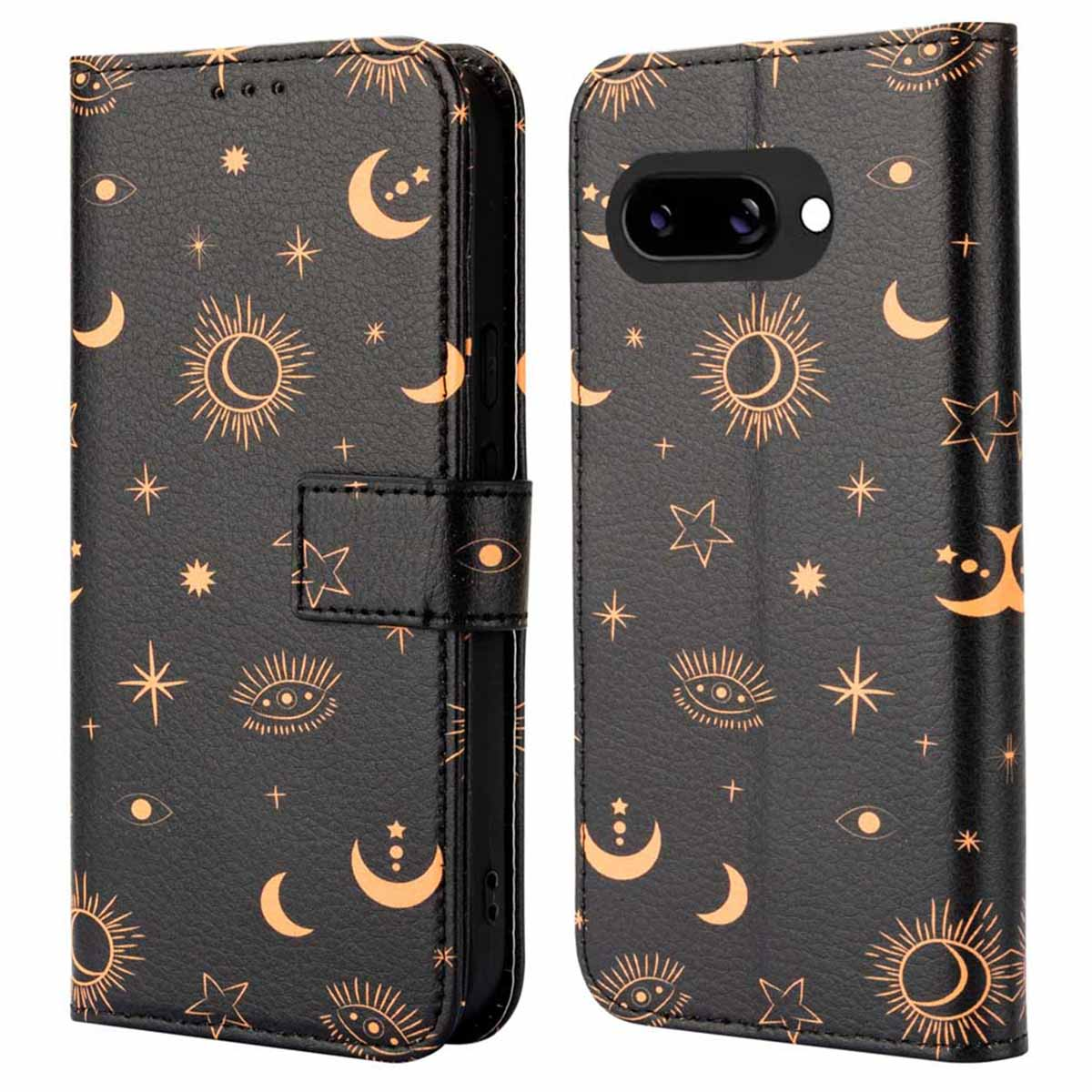 Zwarte telefoonhoes met goudkleurig hemels ontwerp.