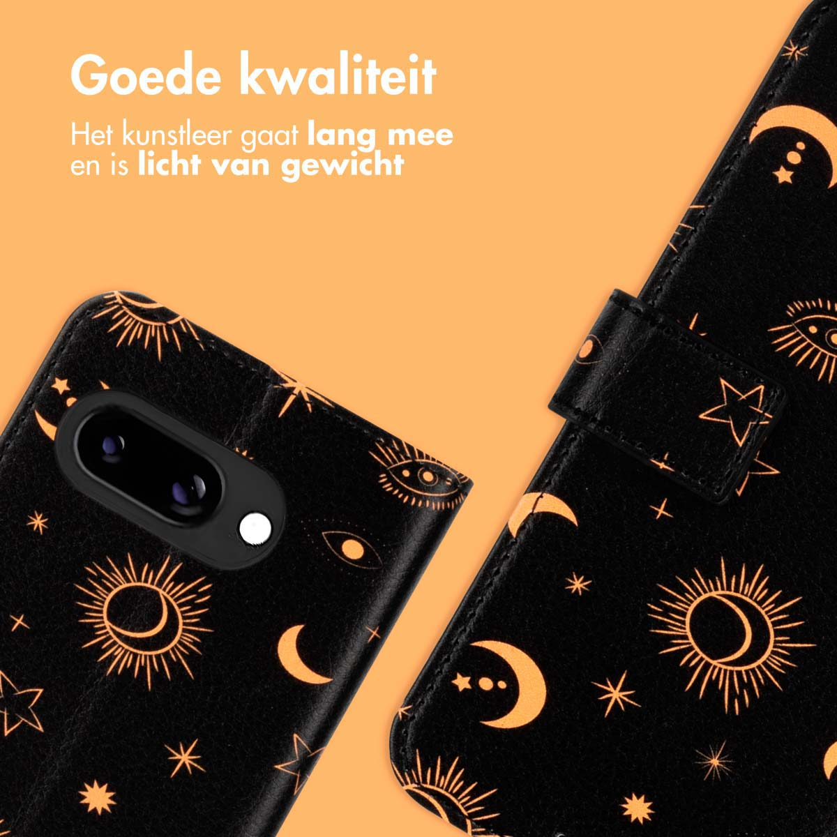 Zwarte telefoonhoes met gouden zon-, maan- en sterpatronen. Tekst: 'Goede kwaliteit'.