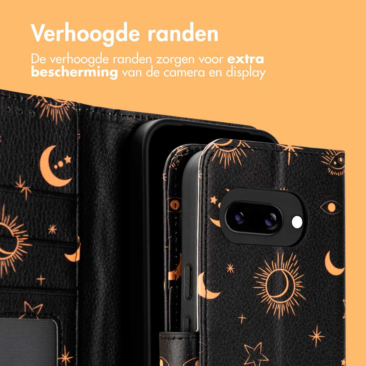 Zwarte telefoonhoes met gouden hemelpatronen. Tekst: 'Verhoogde randen'.