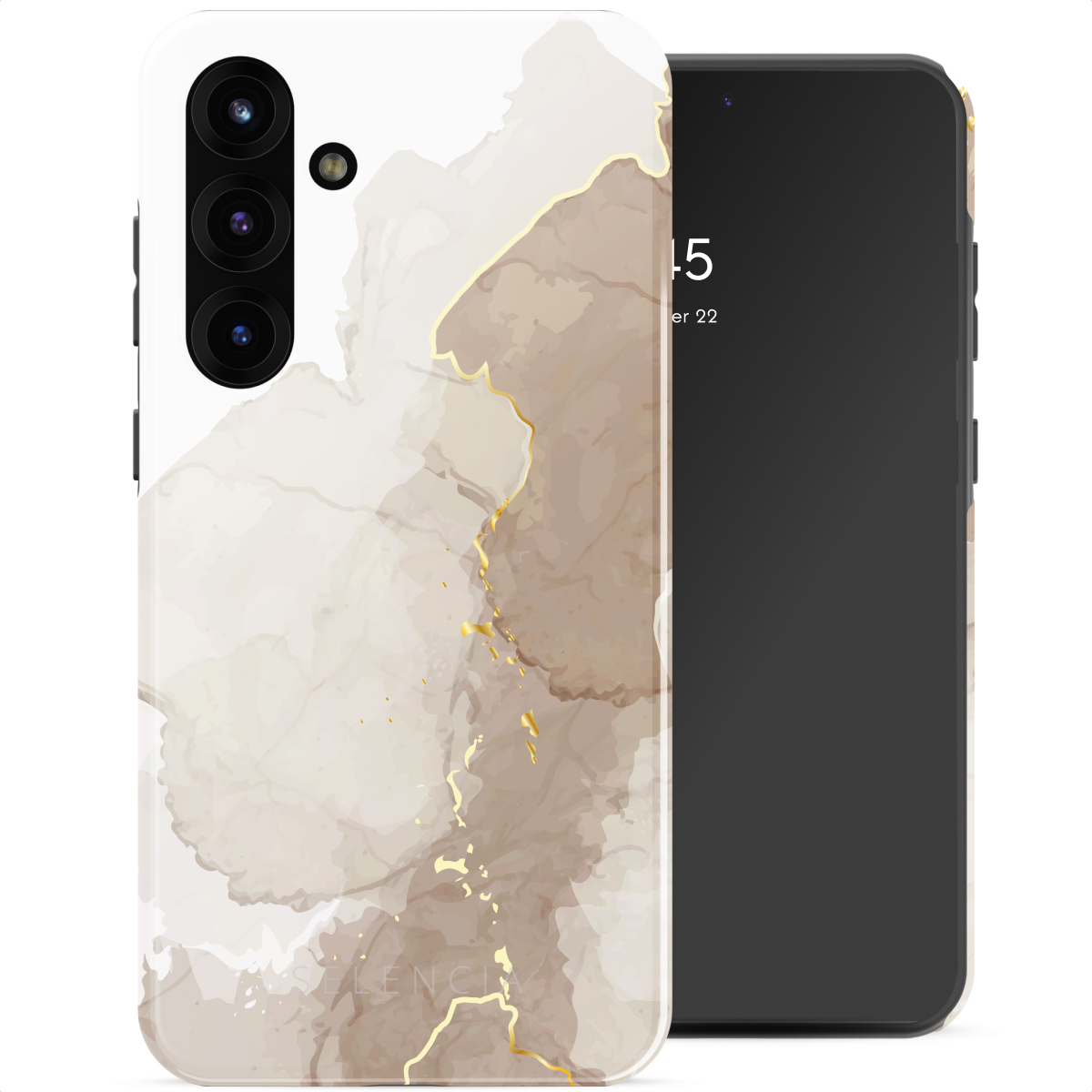 Telefoon met marmerpatroonhoesje. Een zwarte telefoon rechts. Witte achtergrond.