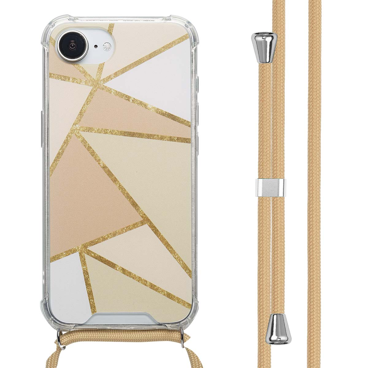 Coque de téléphone avec design géométrique et lanière beige. Couleurs or et beige.