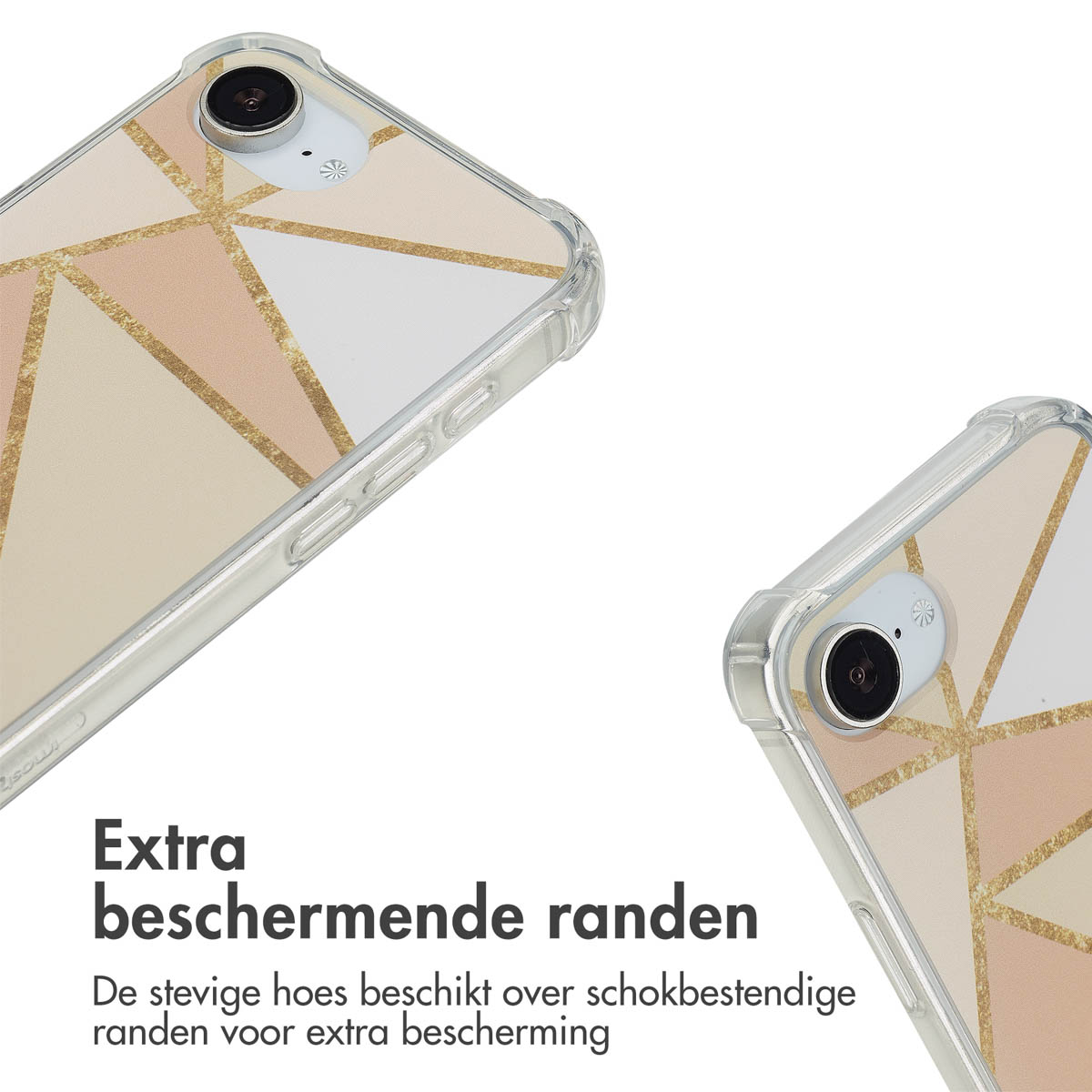Deux étuis de téléphone avec un motif géométrique. Le texte dit bords de protection supplémentaires.