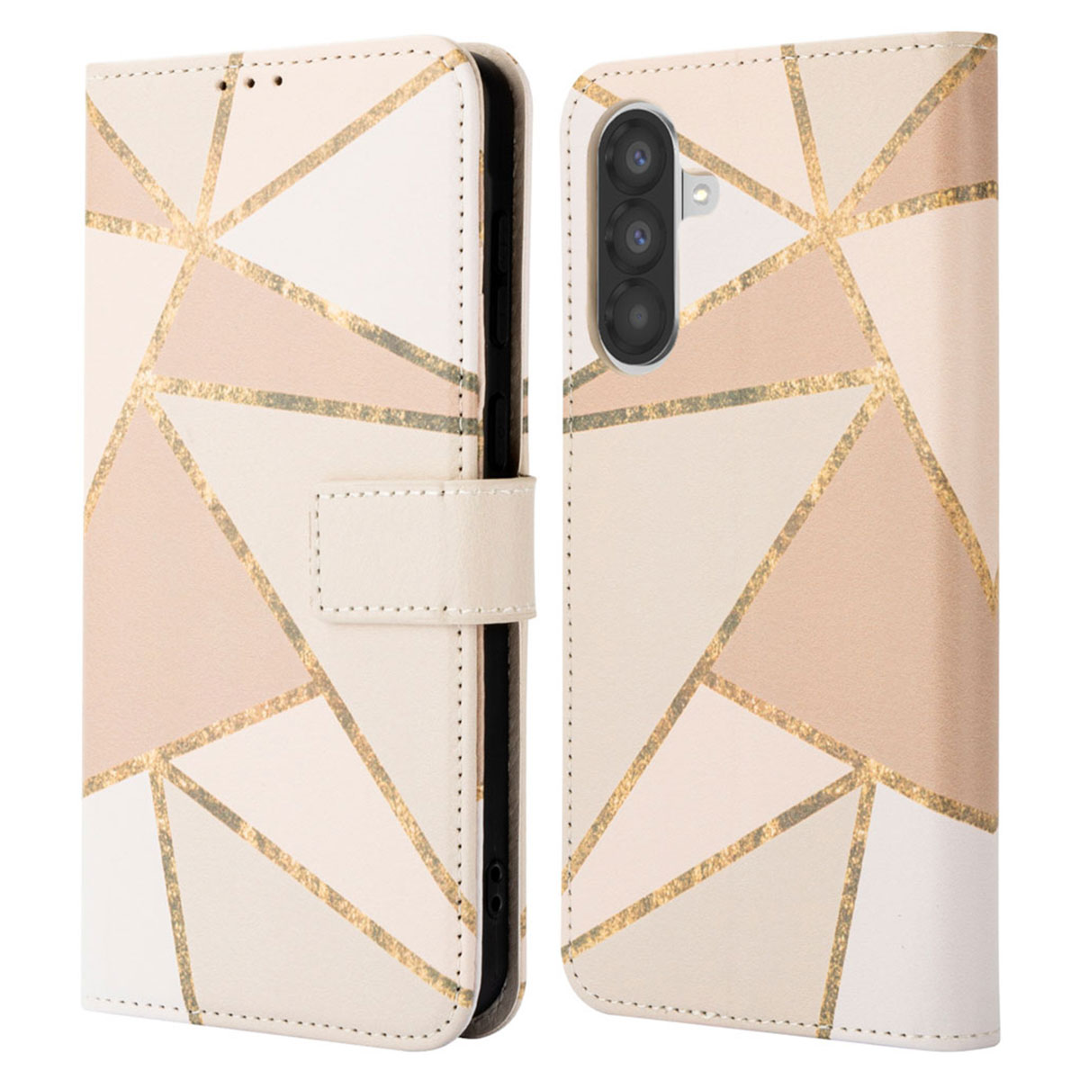 Gesloten telefoonhoesje. De hoes heeft een geometrisch patroon in beige, roze en goud op een witte achtergrond.
