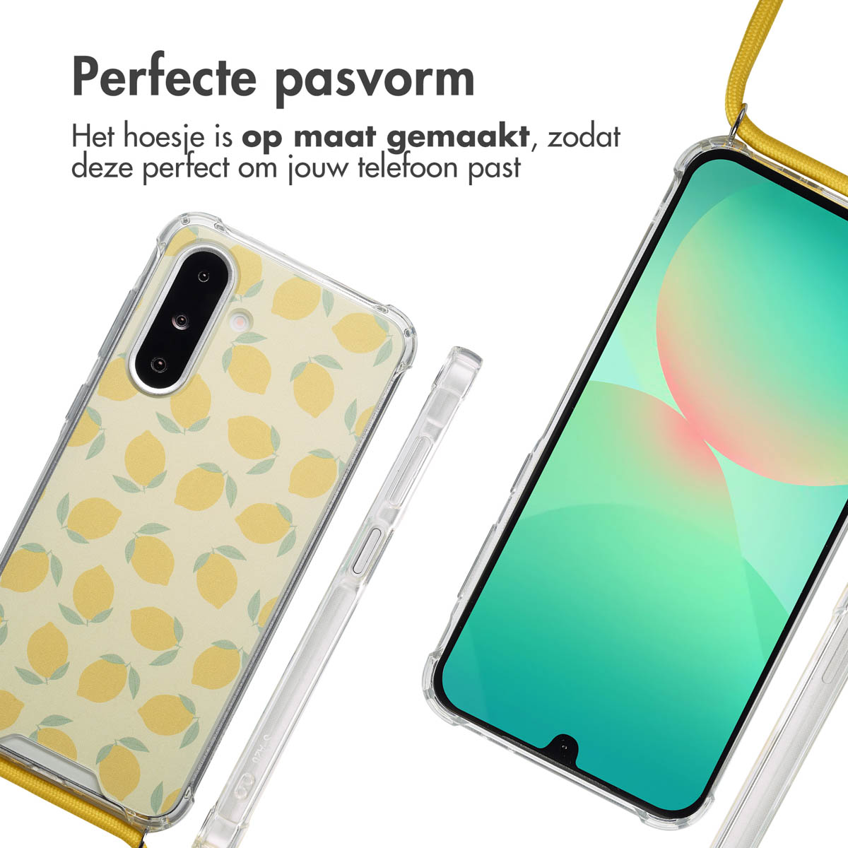 Transparante telefoonhoes met gele citroenen. Een gele koord is bevestigd. De telefoon staat op een witte achtergrond.