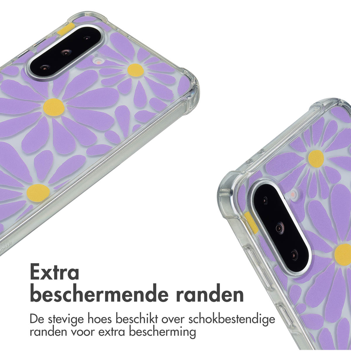 Twee telefoonhoesjes met een madeliefjespatroon. De tekst luidt extra beschermende randen.