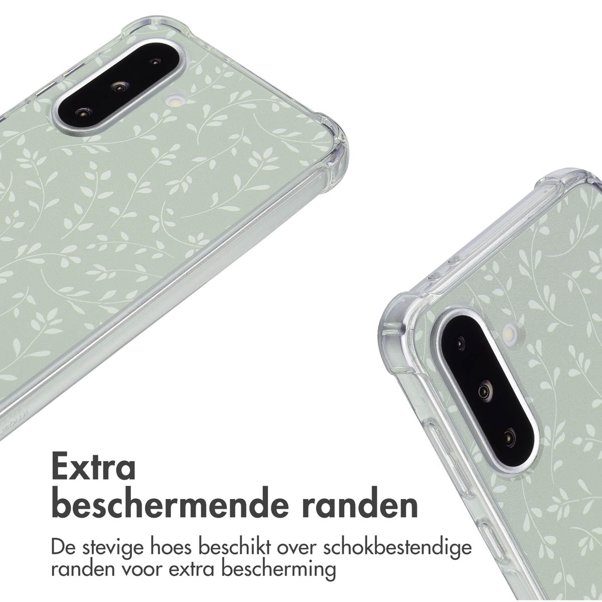 Gros plan sur une coque de téléphone. La coque est verte avec des feuilles blanches. Le téléphone est dans une coque transparente.