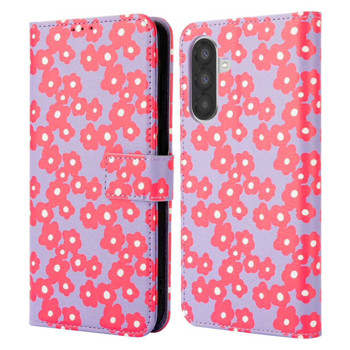 Geopend telefoonhoesje met een bloemenpatroon. Het zijn rode en witte bloemen op een paarse achtergrond. De telefoon is zichtbaar.