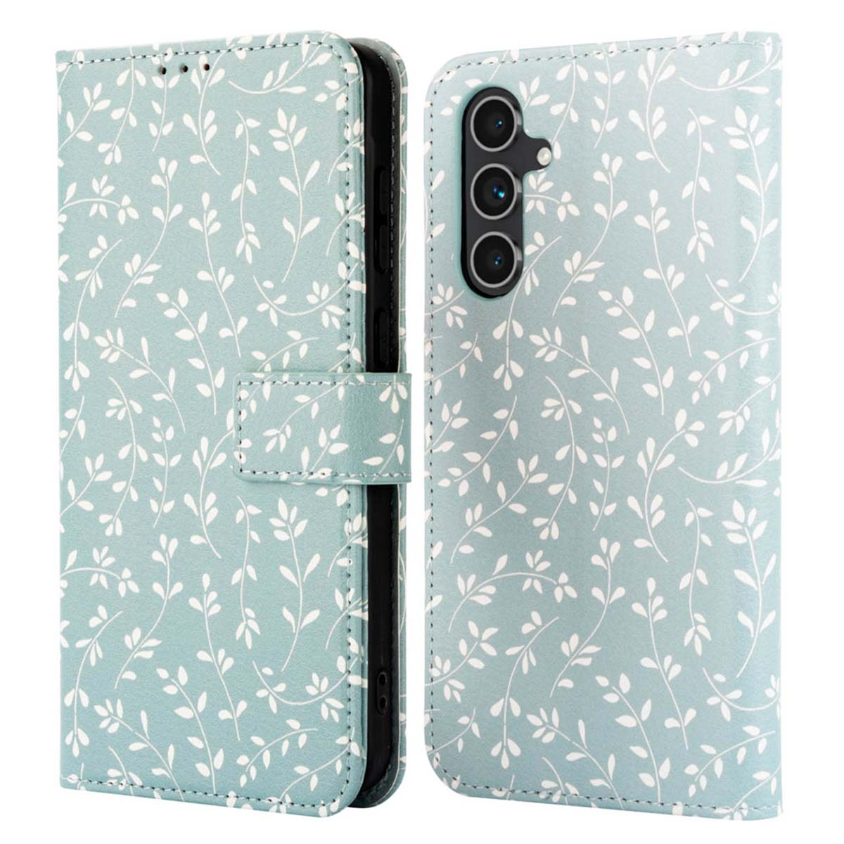 Custodia del telefono aperta con motivo floreale verde. Il telefono è visibile all'interno. Sfondo bianco.