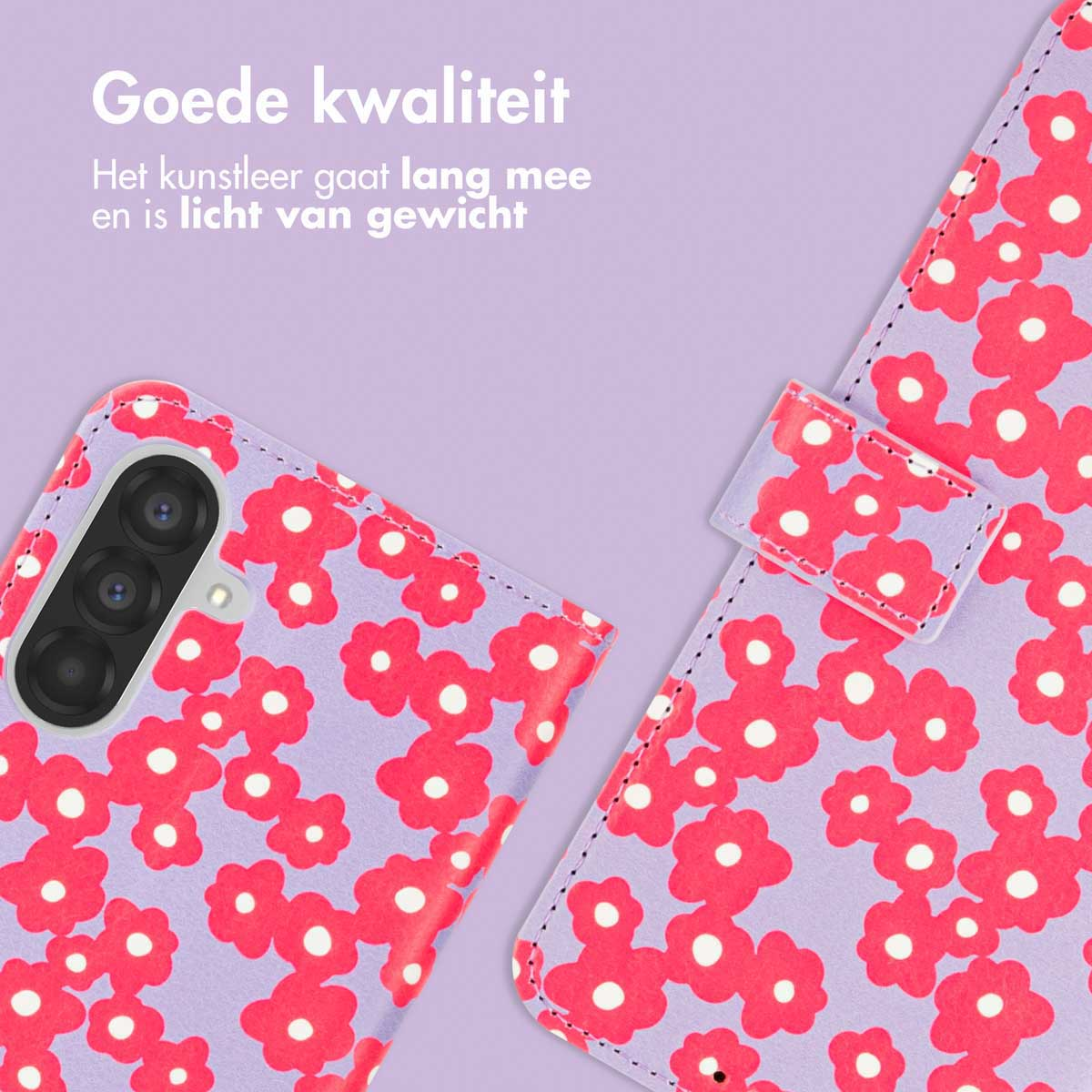 Geopend telefoonhoesje met rode en witte bloemen op een paarse achtergrond. De telefoon is zichtbaar.