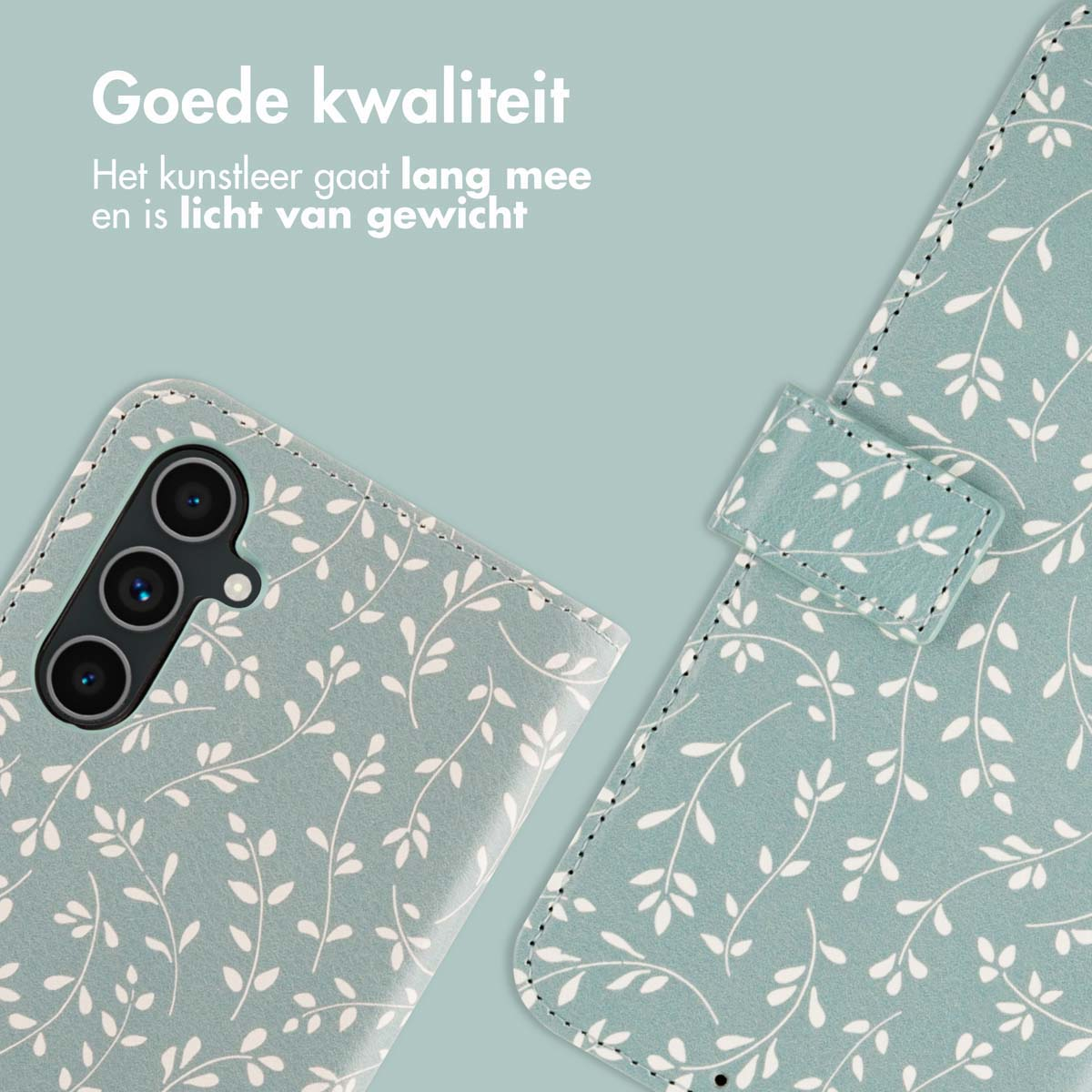 Primo piano di una custodia per telefono con un design floreale. La custodia è verde acqua con foglie bianche. Testo: Buona qualità.