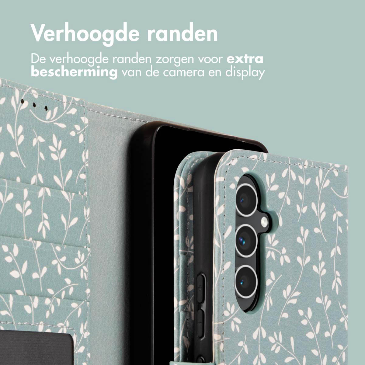 Custodia per telefono con design floreale, aperta, con un telefono all'interno. Copertura verde acqua con motivo a foglie bianche.