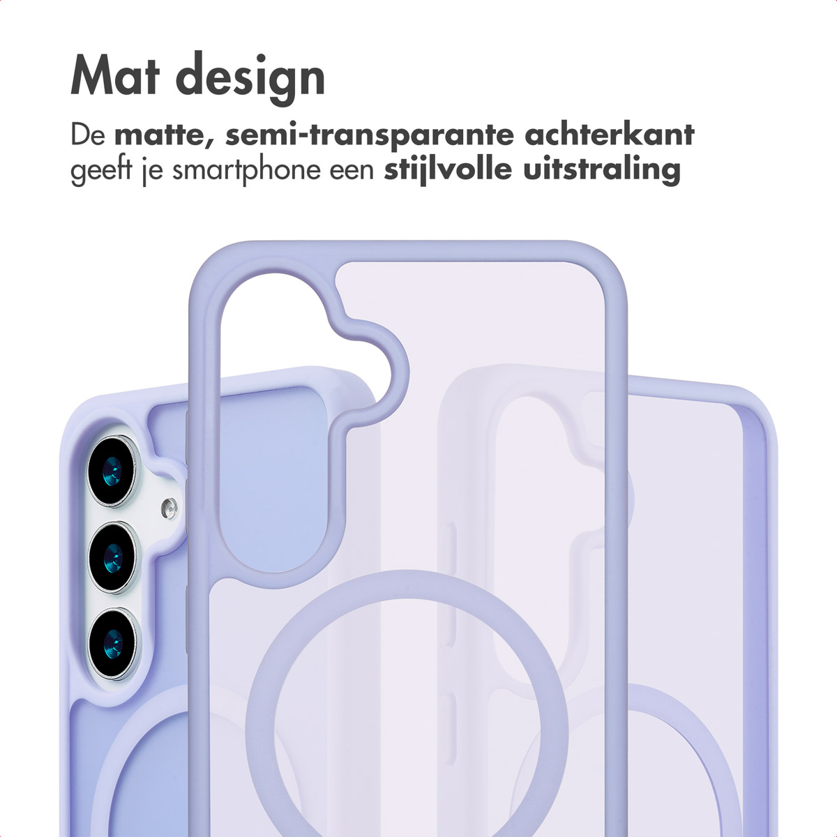 Due custodie per telefono viola. Quella superiore ha un retro semitrasparente. Testo: Design opaco (Design opaco).