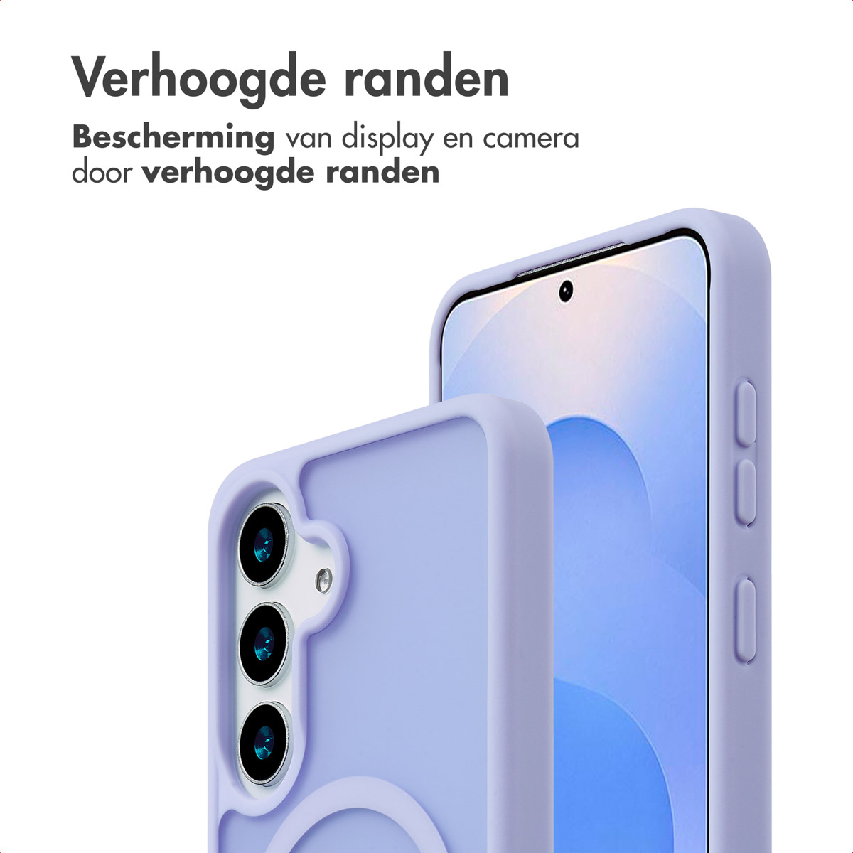 Due custodie per telefono viola. Uno copre un telefono con schermo. Testo: Verhoogde randen (bordi rialzati).