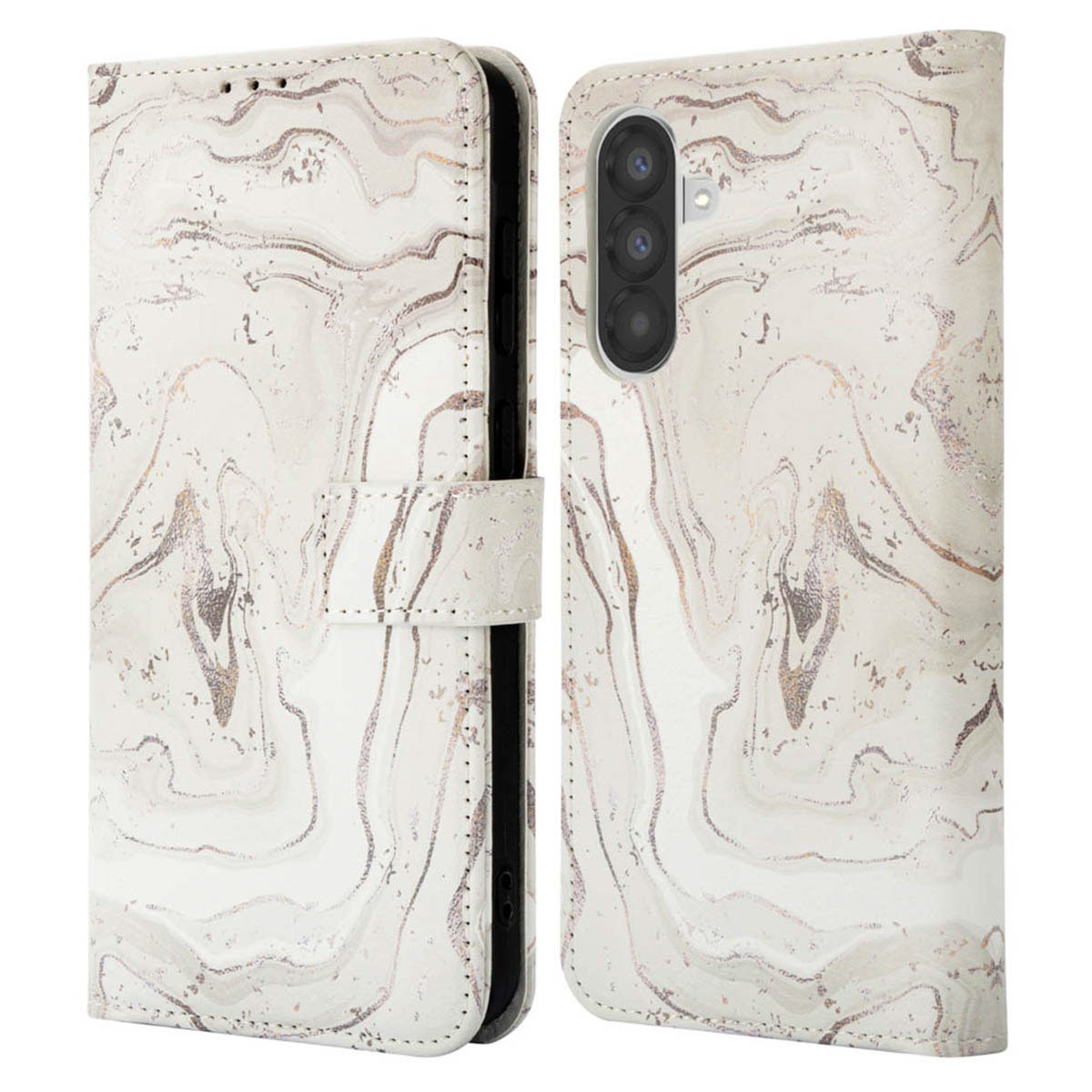 Open telefoonhoes met marmerpatroon. Wit en goud. Telefoon in de hoes. Sluiting zichtbaar.