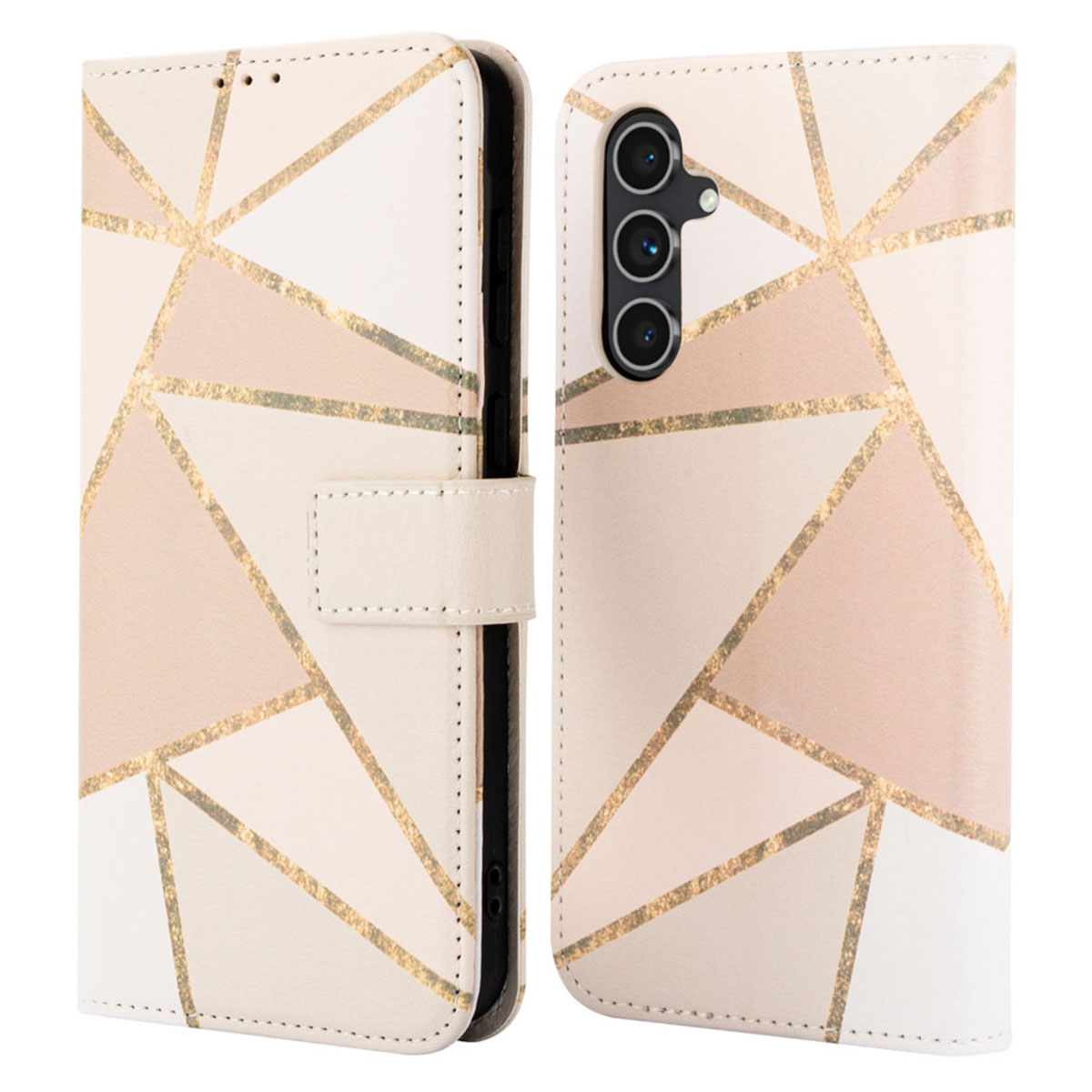 Open telefoonhoes met geometrisch patroon. Beige, roze en gouden driehoeken. Telefoon rechts.