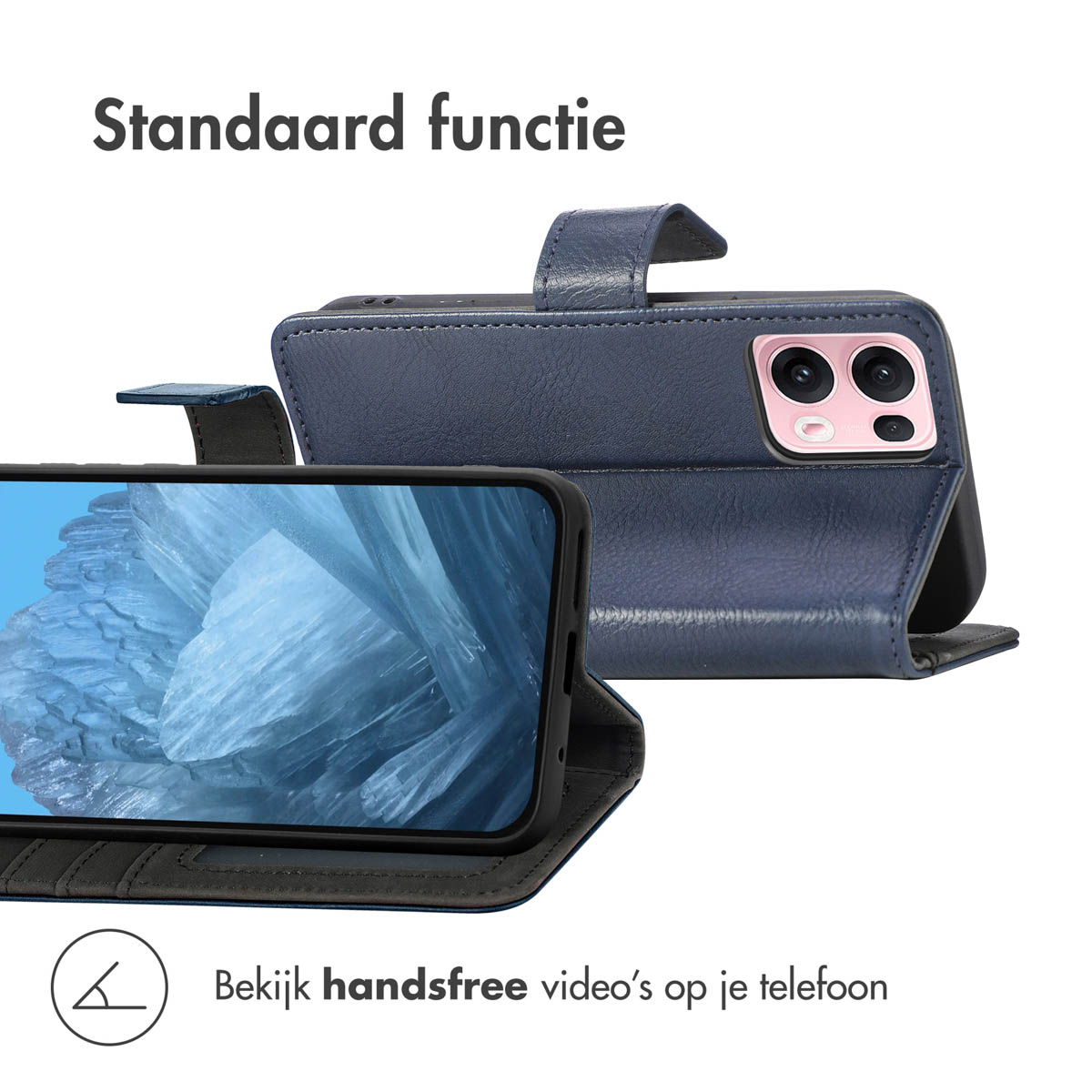 Étui de téléphone ouvert avec téléphone. Le téléphone est placé pour regarder des vidéos. L'étui est bleu foncé.